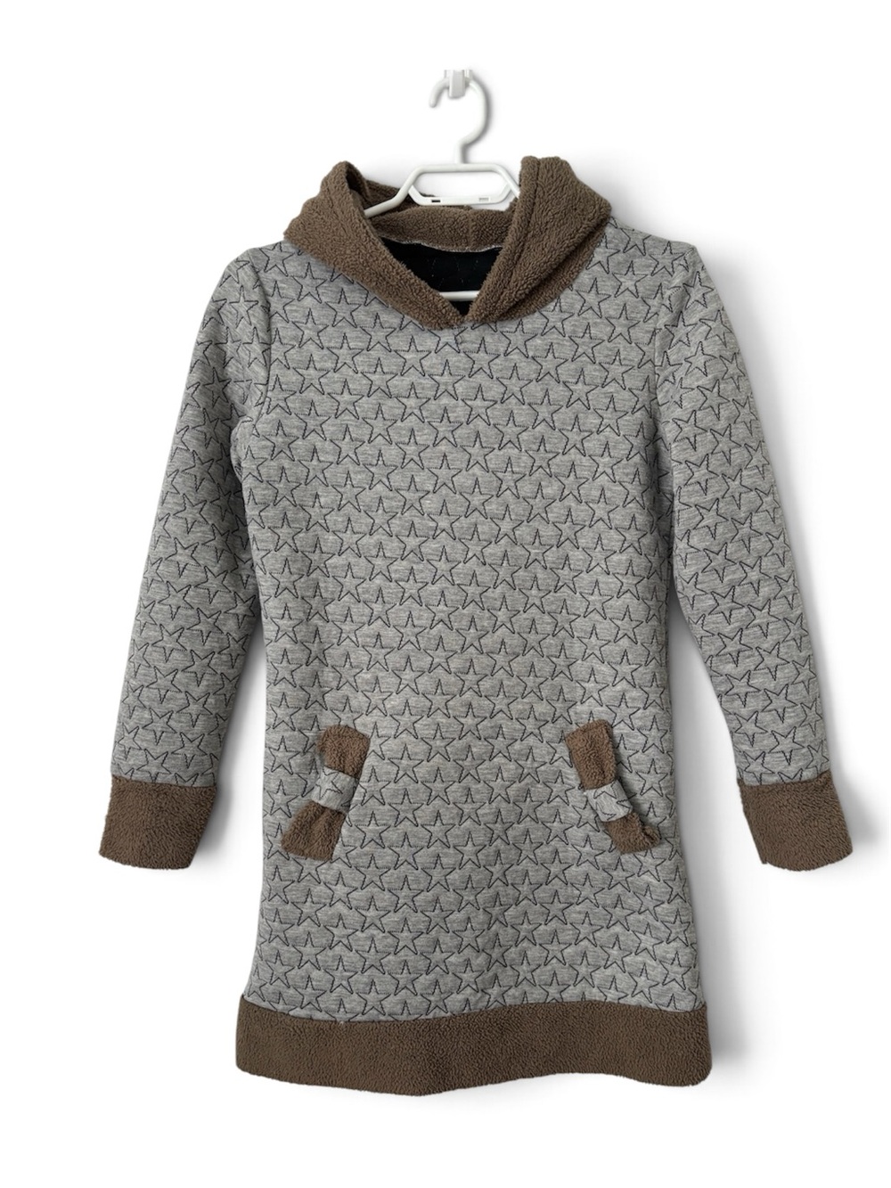 Gray Star Print Hooded Tunic Dress Sherpa Trim Long Sleeve Pocket Casual Cozy